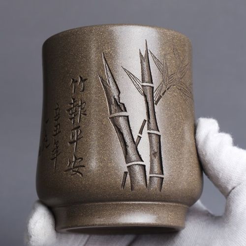 宜兴紫砂主人杯陈富才品茗杯全手工刻绘竹报平安原矿青灰泥茶杯