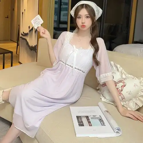 春夏季法式甜美宫廷性感抹胸带胸垫睡衣女神网纱睡裙可外穿家居服