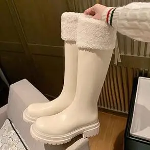 高筒长靴女2023秋冬新款白色加绒毛毛厚底雪地靴中长筒骑士靴女