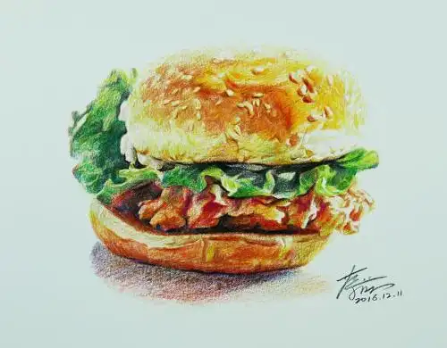 彩铅画食物系列之汉堡包的画法