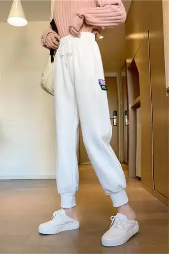 加绒加厚休闲白色裤子女学生秋冬新款显瘦束脚宽松运动哈伦裤