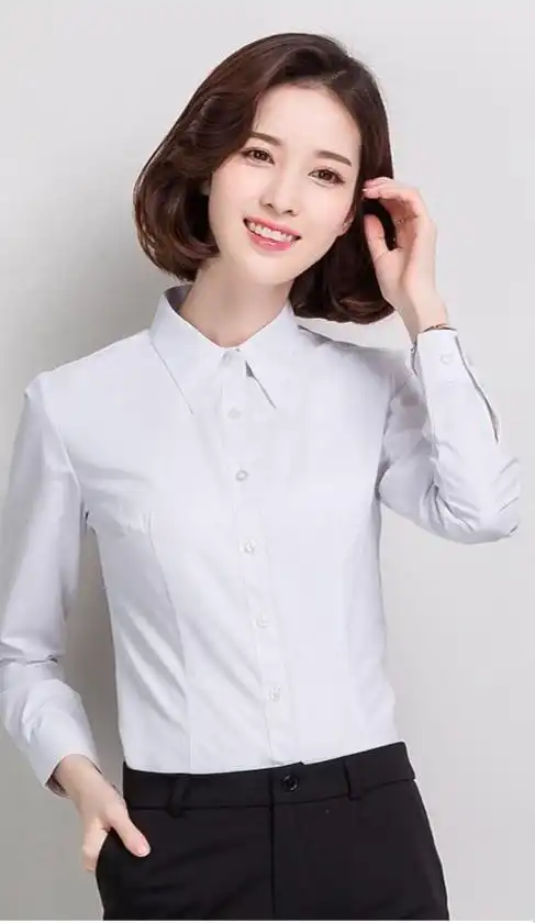 柏漫丝 韩棉春秋白衬衫女长袖职业夏季圆领宽松工作服正装大码衬衣