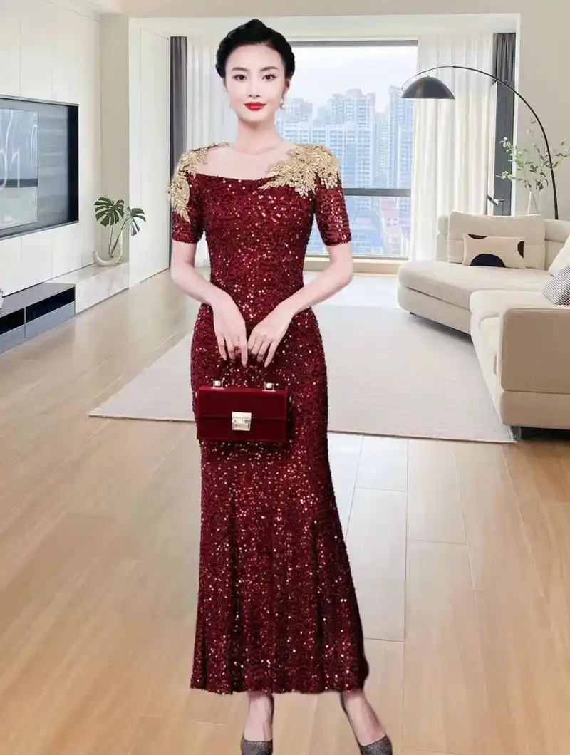 热门 @春夏喜妈妈婚礼服装高贵优雅年轻婚宴装小个子婚礼晚礼服