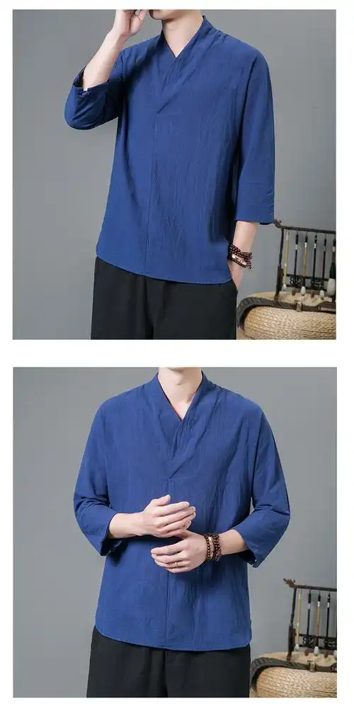 男士老粗布衣服中国风上衣男装居士服夏季唐装中式亚麻短袖七分袖棉麻