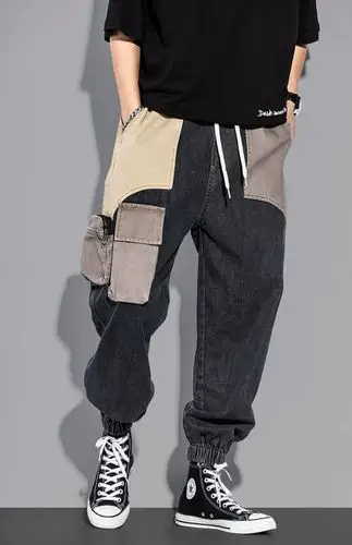 莱斯路易仕轻奢品牌 春季潮流工装牛仔裤男宽松多袋撞色哈伦束脚裤ins