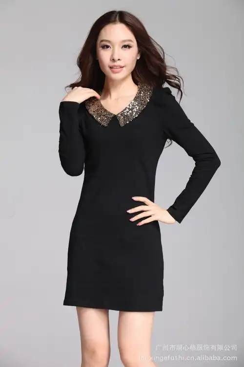 秋冬新款韩版女裙批发 黑色优雅娃娃领亮片长袖连衣裙9965