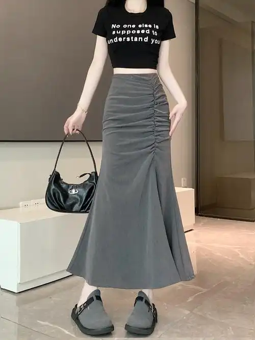 实拍实价 新款高腰皱褶长款鱼尾裙开叉半身裙显瘦a字包臀裙女 - 17网