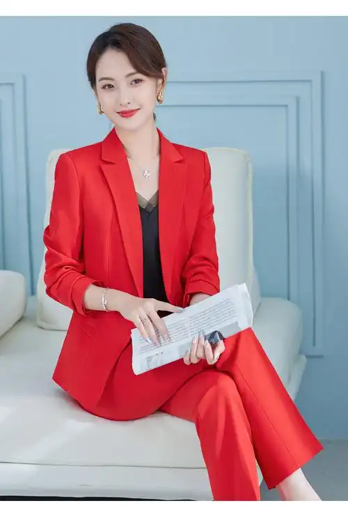 播音主持艺考服装女学生职业西装套装时尚上镜正装气质红色西服外套