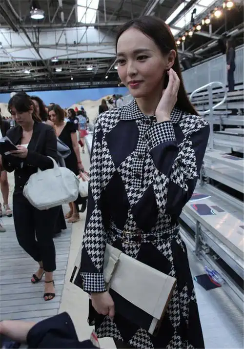 唐嫣明星同款纽约时装周优雅拼色千鸟格钉扣翻领ol女装连衣裙f518