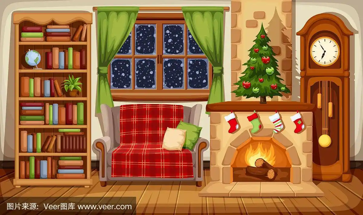 圣诞晚会室内.矢量插图.