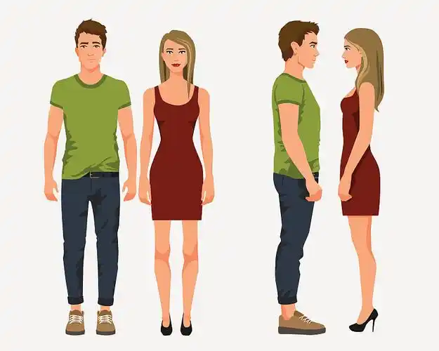 卡通人物写实插画.平的年轻夫妇.正面的人,侧面的人图片下载