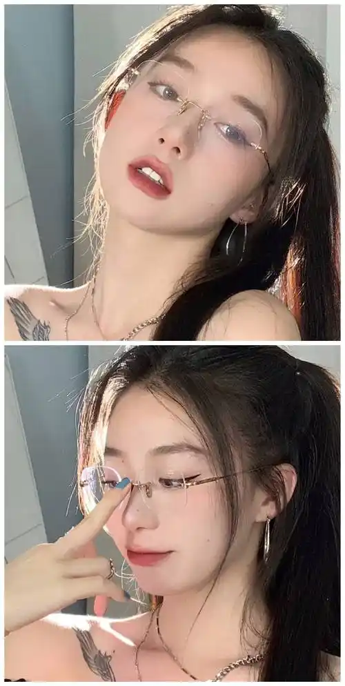 同款近视纯欲方形韩版潮素颜金丝超轻无边框眼镜金色框0度平光镜