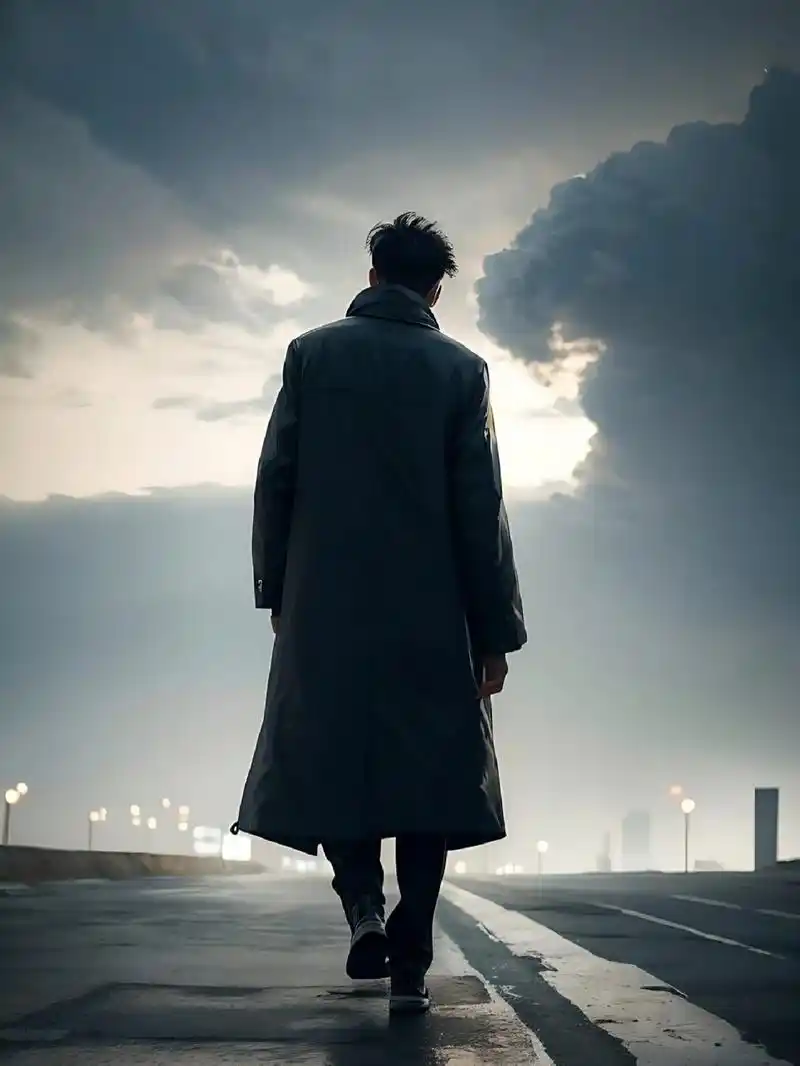孤独 一个孤独的男人, 背影是那么的凄凉, 雷雨交加的夜晚, 走在城市