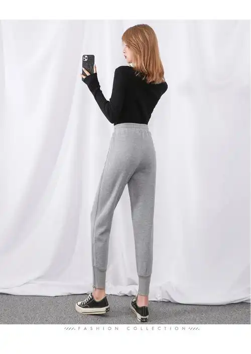 实拍灰色运动裤女秋冬卫裤灯笼裤束脚裤宽松垂感高腰显瘦休闲裤子