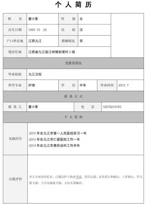 姓 名 董小影 1993 10 江西九江 23 性 民 别 族 女 汉 否 出生日期