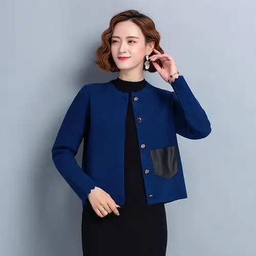 100纯羊毛针织开衫女士毛衣短款外套春秋羊绒针织衫妈妈百搭上衣