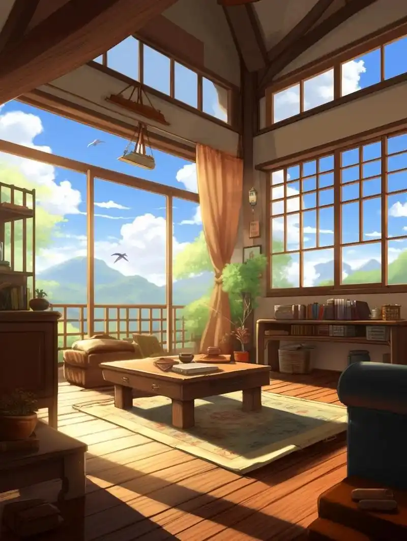 ai画出了我理想中的退休小屋 关键词:山景,宫崎骏风格的动漫,阳光明媚