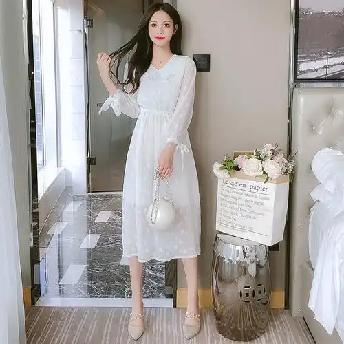 新款纯色雪纺淑女连衣裙时尚显瘦中长裙子长袖蝴蝶结女修身春秋季