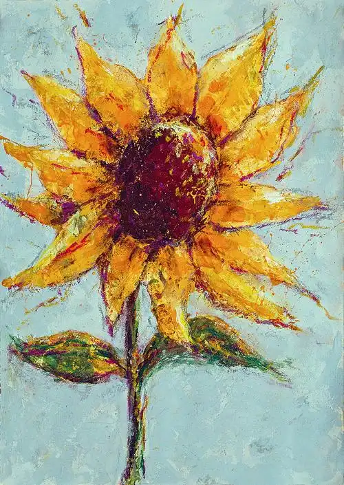 一幅丙烯酸颜料画,一株黄色的向日葵和绿叶在白灰色的纹理背景上.
