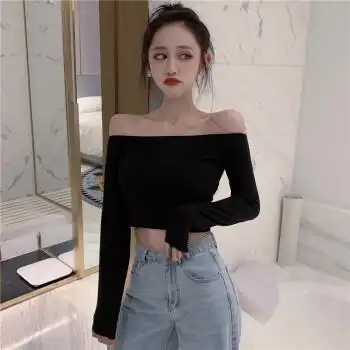 女生夏季衣服露肚子一字肩上衣女露肩漏肚脐长袖小款正肩恤修身短款