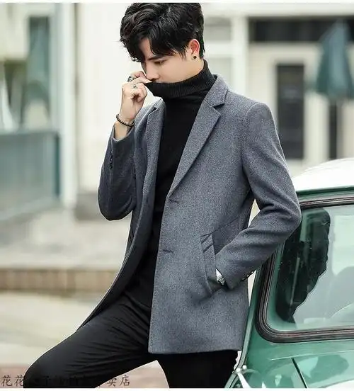 男士毛呢大衣韩版潮流帅气风衣短款呢子外套秋冬羊毛加厚男装918黑色m