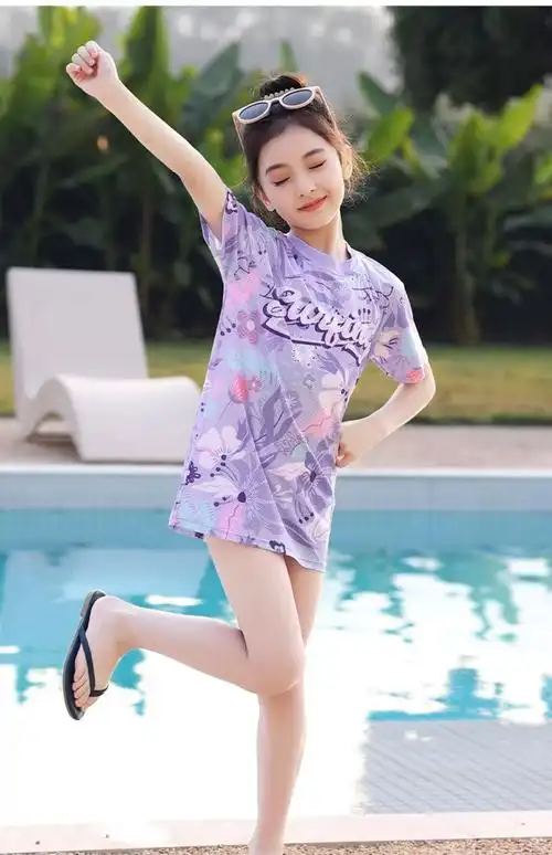 特步儿童泳衣女孩分体三件套2023新款防晒女童中大童温泉游泳衣