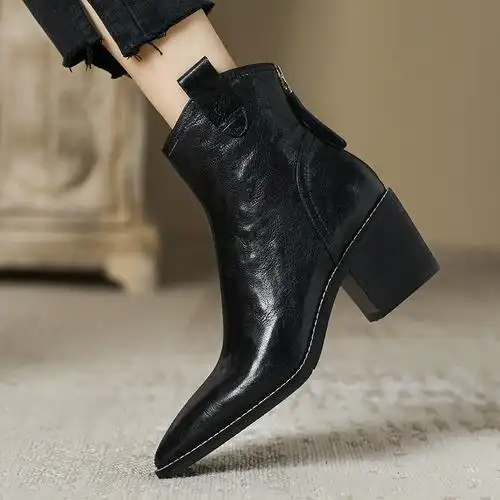 尖头粗跟复合底春秋头层猪皮靴子