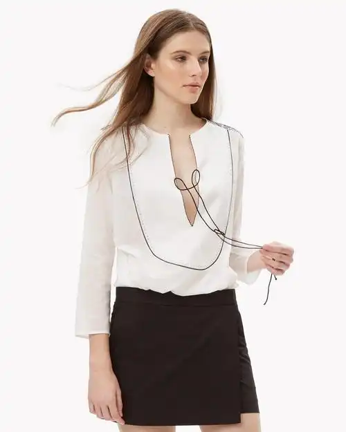 绍兴美代 theory 白色全棉 黑绣花 系带 女衬衫 jalinnie 国现ps_7折