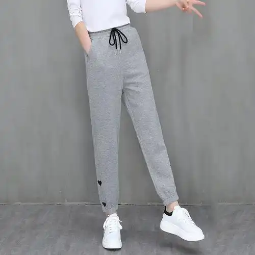 灰色运动裤女宽松束脚春夏2021新款针织薄款休闲裤