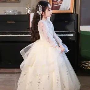 女童晚礼服主持人高端轻奢小众儿童花童女孩十岁生日公主裙女长袖