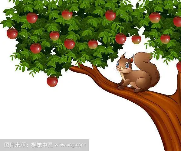 卡通松鼠在苹果树上