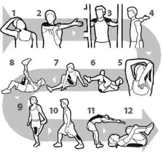 如进行15分钟左右的有氧练习和对准备拉伸肌肉的静态拉伸,再进行pnf