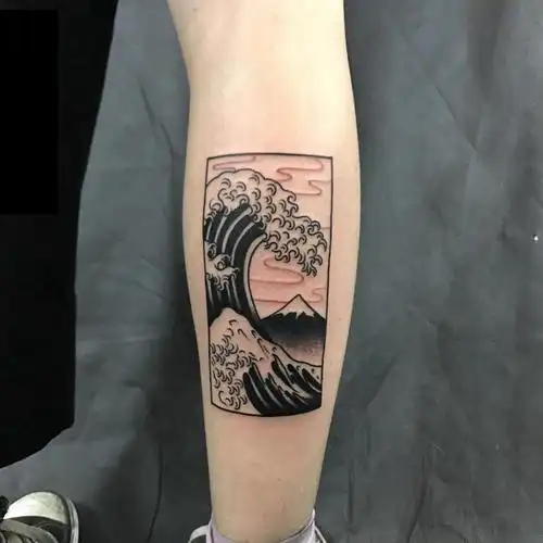 女生手臂上黑色素描海浪花文艺小清新纹身图案