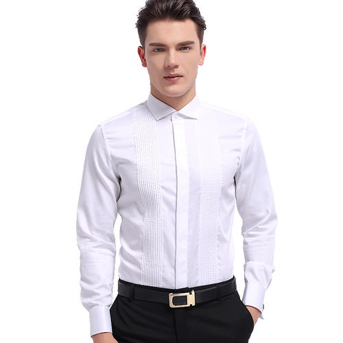 结婚衬衫男长袖礼服新郎伴郎婚礼燕子领定制领结宴会男士白色衬衣