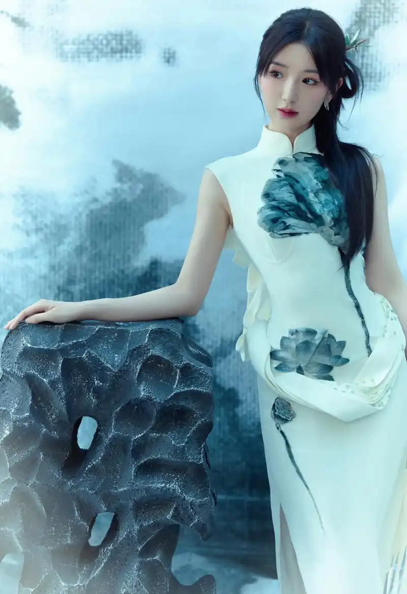 毛晓彤,黑色无袖青花长裙,中式穿搭,淡雅端庄!