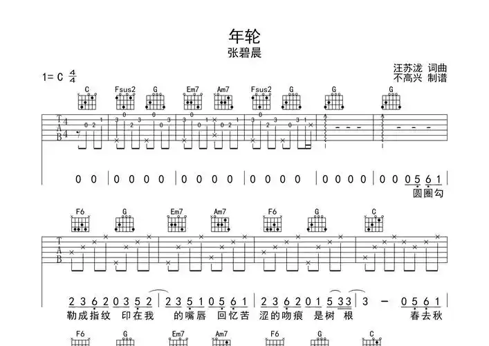 年轮吉他谱张碧晨c调吉他弹唱六线谱不高兴编配
