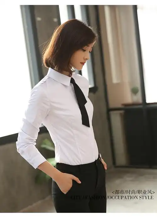 白衬衫女长袖领带面试正装 工作制服修身气质白色衬衣女士职业装