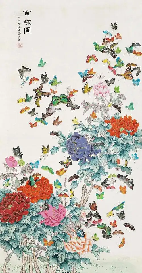 0159 百蝶图 立轴 设色绢本