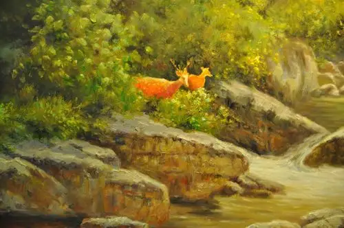 张林《河边的梅花鹿》200*100cm 布面油画 - 拍卖会