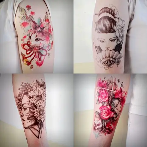 ins风欧美半臂纹身贴防水男女持久潮流花臂暗黑刺青艺妓手臂贴纸