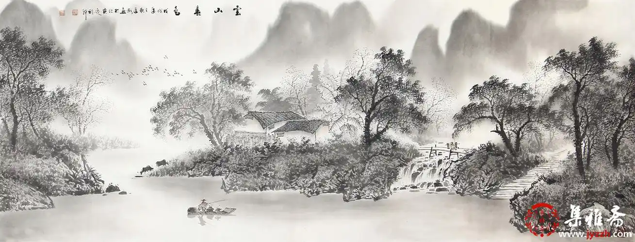 陈厚刚六尺横幅山水画作品《云山春色》 _水墨山水画_山水画_集雅斋