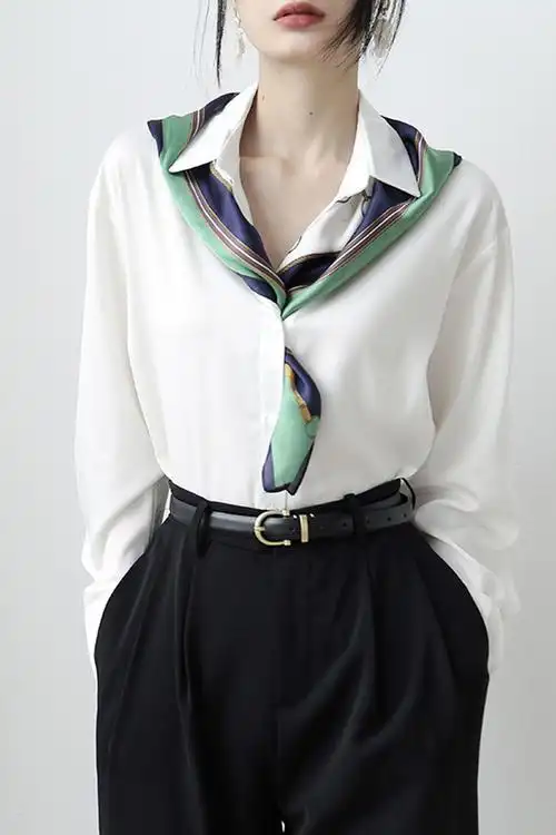 白色衬衫女2021早秋新款气质缎面领带别致长袖上衣设计感衬衣