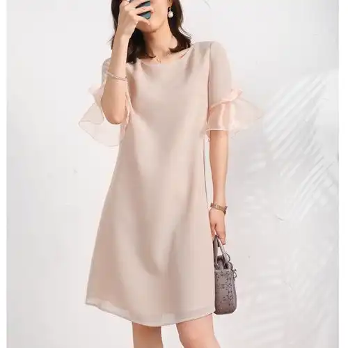 夏季女装新款轻熟袖口欧根蝴蝶结拼接短袖中长连衣裙