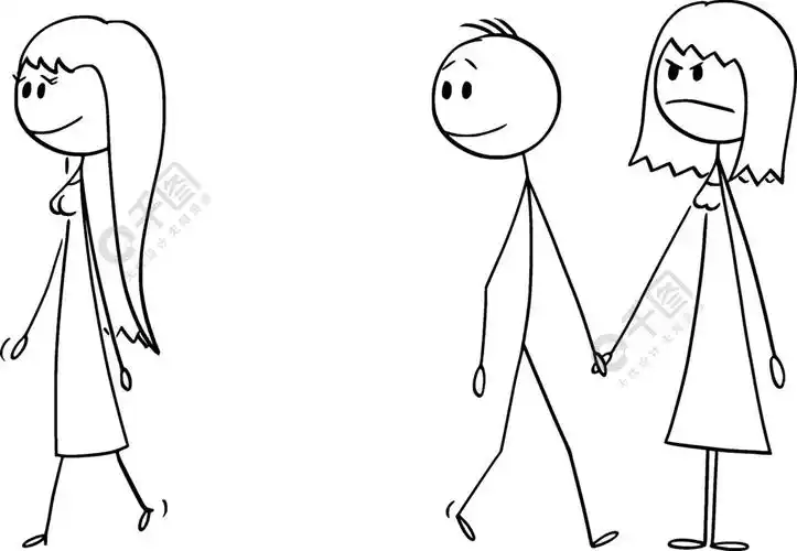 矢量卡通棒图绘制了一对男孩和女孩或男人和女人一起散步而男人喜欢另