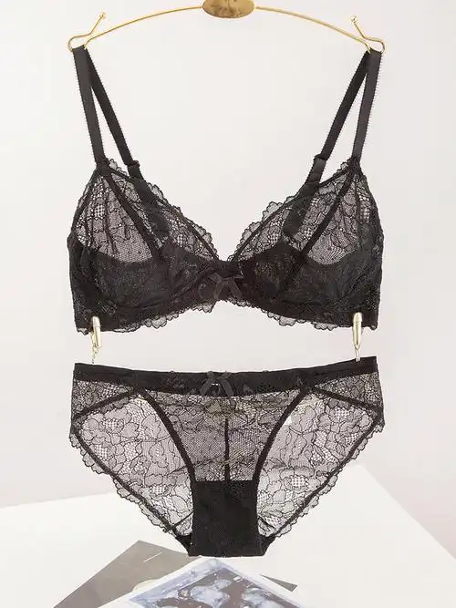 代购正品dk全透明性感透视蕾丝文胸薄款超薄内衣套装大码少女胸罩