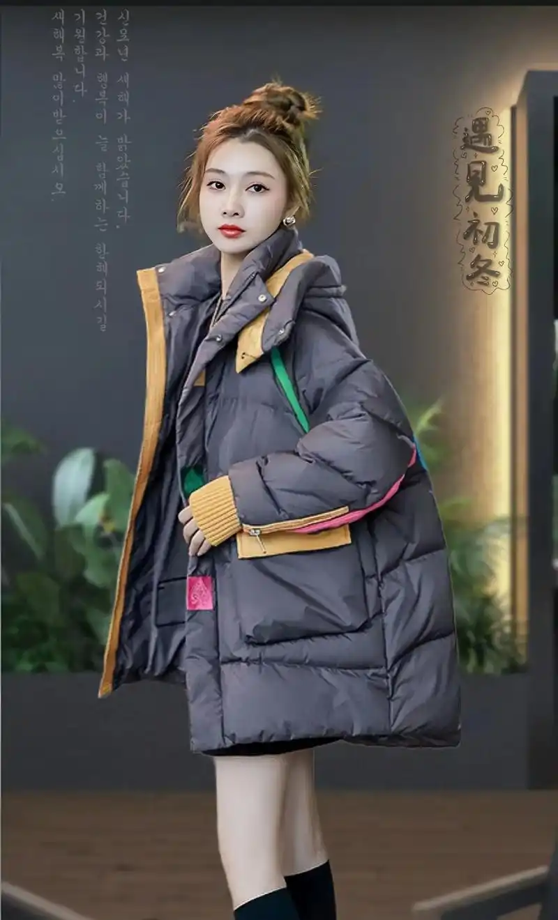 冬季新款拼色宽松韩版连帽加厚外套