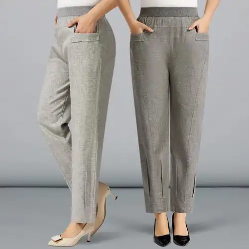 妈妈夏季裤子薄款棉麻直筒裤中老年女裤中年人夏天宽松亚麻九分裤