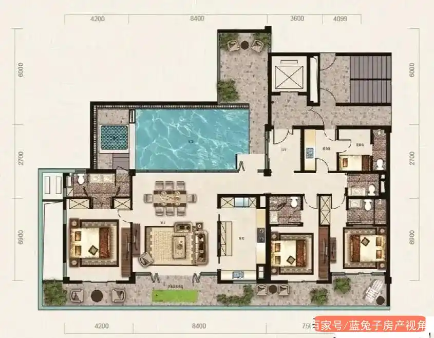 自带泳池的大平层户型,太浪漫了