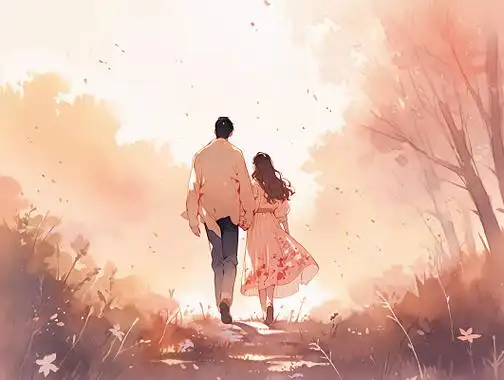 情侣牵手向远方走去唯美浪漫情人节爱情双人手绘插画温馨氛围感场景