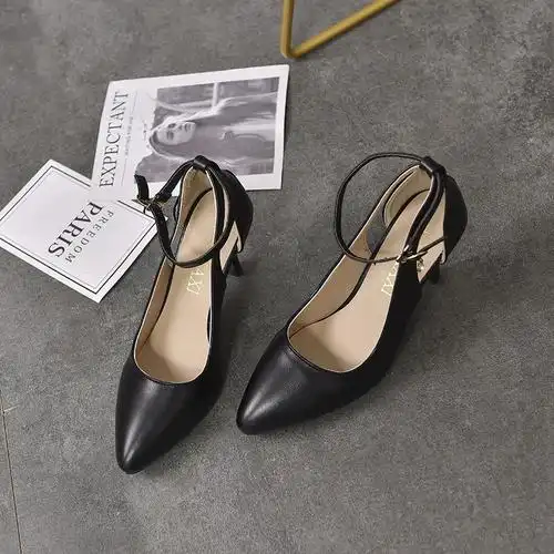 新款女2019春季百搭一字扣职业尖头高跟女鞋单鞋细跟凉鞋韩版夏季